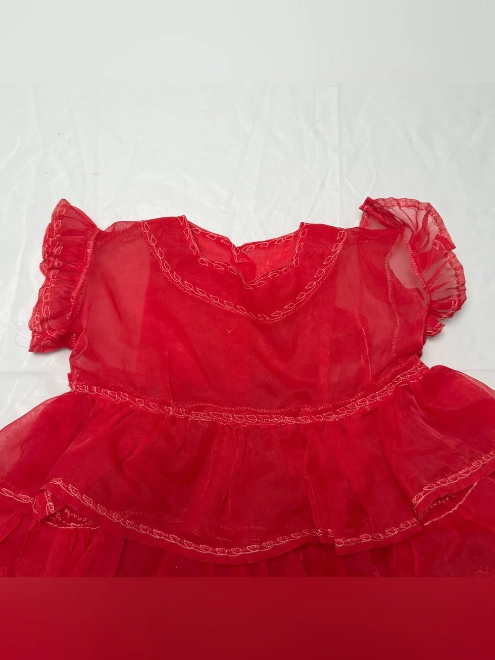Vintage Handmade Baby Girls Red Tiered Ruffle Dress Tulle White Stitching  There